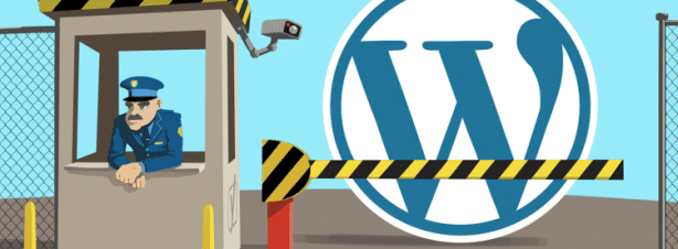 A policeman standing behind the WordPress logo, providing essential security tips for blog protection.