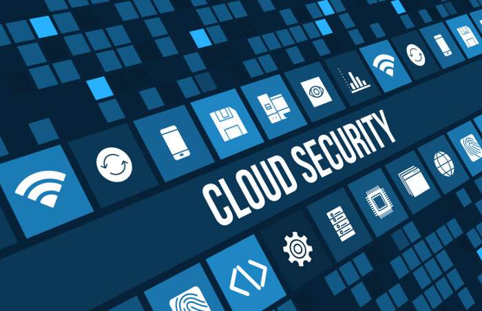 Tips to secure your cloud data with a blue background featuring cloud security icons.